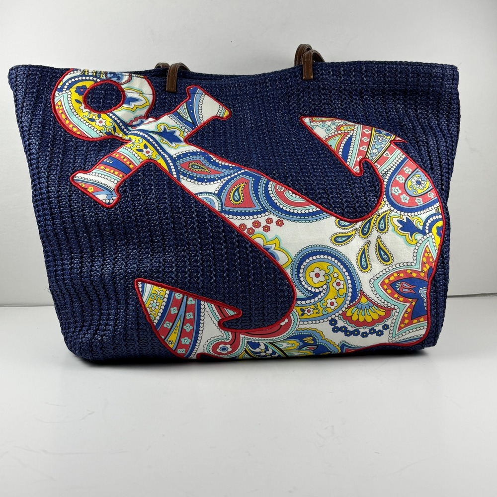 Vera Bradeley Woven Straw Anchor Paisley Tote Bag Navy Blue Large Good Condition